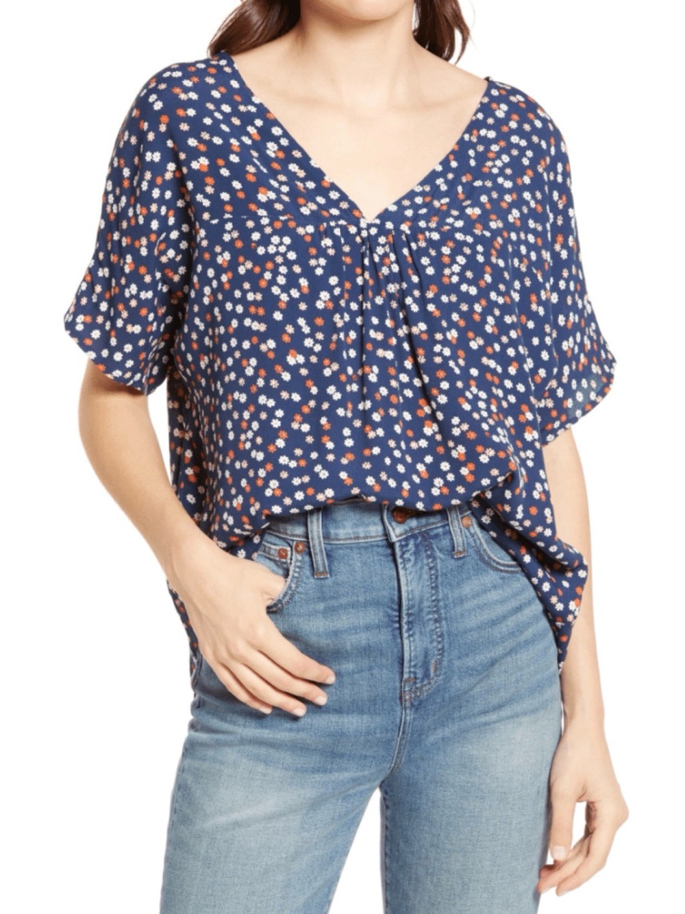 Madewell Rhyme Top Floral V-Neck Navy Blue Short Sleeve Size XL
